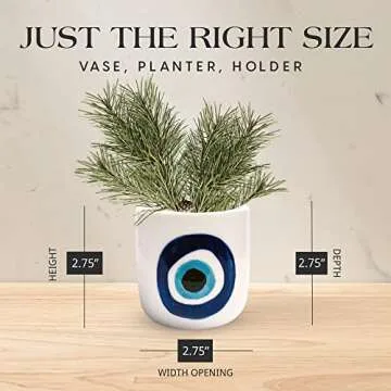 SLS SUPPLY FLORA - Modern Table Top Planter, Small Plant Pot for Home and Office, Hand-Painted Desk Planter, White Ceramic Pots for Plants and Succulents, Evil Eye Nazar Design