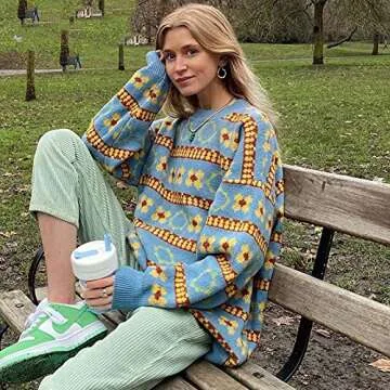 Women/Girl 's Check Knit Sweater Cardigans Knitwear 2000s Long Sleeve Vintage Cropped Top 90s Cute Streetwear(M,C-Yellow Flower)