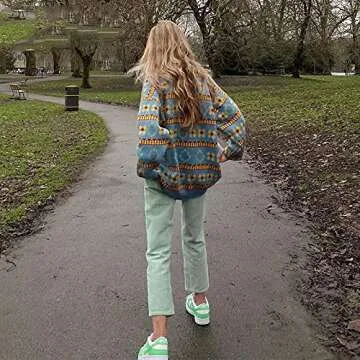 Women/Girl 's Check Knit Sweater Cardigans Knitwear 2000s Long Sleeve Vintage Cropped Top 90s Cute Streetwear(M,C-Yellow Flower)