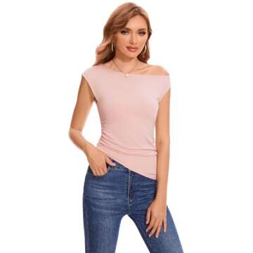 LOZ Pink One Off The Shoulder Tops for Women Summer Asymmetrical Boat Neck Fitted Shirt Y2K Going Ou...