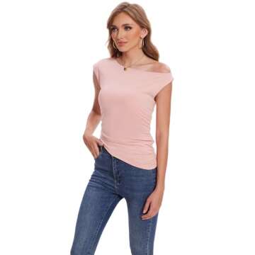 LOZ Pink One Off The Shoulder Tops for Women Summer Asymmetrical Boat Neck Fitted Shirt Y2K Going Out Tops Tight T Shirts