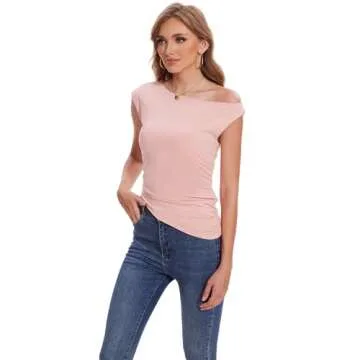 LOZ Pink One Off The Shoulder Tops for Women Summer Asymmetrical Boat Neck Fitted Shirt Y2K Going Out Tops Tight T Shirts