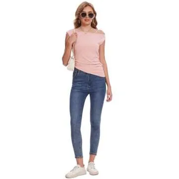 LOZ Pink One Off The Shoulder Tops for Women Summer Asymmetrical Boat Neck Fitted Shirt Y2K Going Out Tops Tight T Shirts
