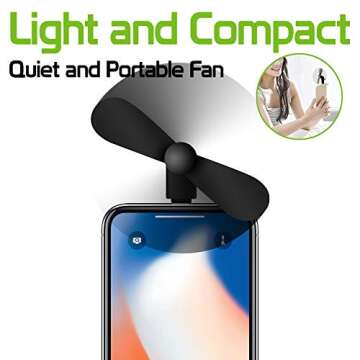 Cellet Mini Portable USB Fan Compatible with Apple iPhone 14 Pro Max Plus 13 Pro Max mini 12 Pro Max mini 11 Max XS Max Xr X 8 7 6 5 and All Other Lighting Port - Black