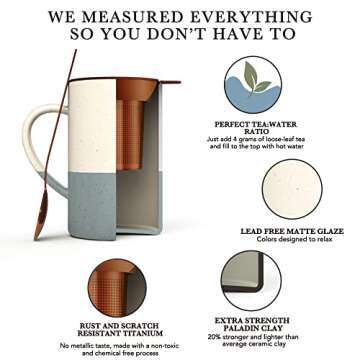 Mora Ceramics Tea Cup with Loose Leaf Infuser, Spoon and Lid, 12 oz, Microwave and Dishwasher Safe Coffee Mug - Rustic Matte Ceramic Glaze, Modern Herbal Tea Strainer - Great Gift for Women, Flint