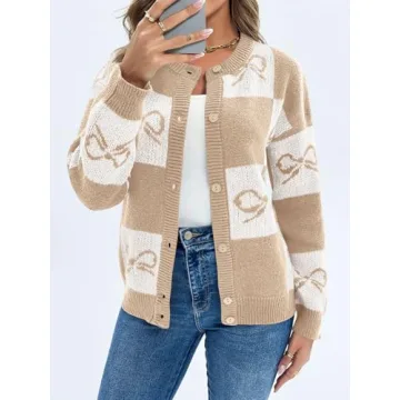 Saodimallsu Women's Color Block Plaid Cardigan Sweater Khaki
