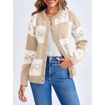Saodimallsu Women's Color Block Plaid Cardigan Sweater Khaki