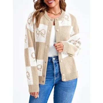 Saodimallsu Women's Color Block Plaid Cardigan Sweater Khaki