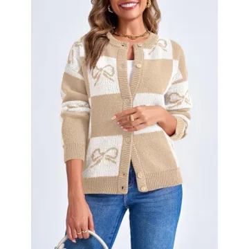 Saodimallsu Women's Color Block Plaid Cardigan Sweater Khaki