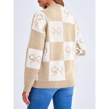 Saodimallsu Women's Color Block Plaid Cardigan Sweater Khaki