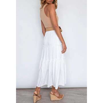 HAEOF Women's Flowy Boho Maxi Skirt Elastic High Waist A Line Ruffle Tiered Summer Trendy Beach Long Skirts with Pockets (White, M)