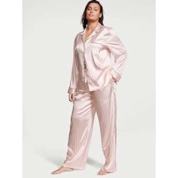 Victoria's Secret Satin Pajama Set, Long Sleeve Button Down & Pant Set, Sleepwear for Women, Pink Iconic Stripe (L)
