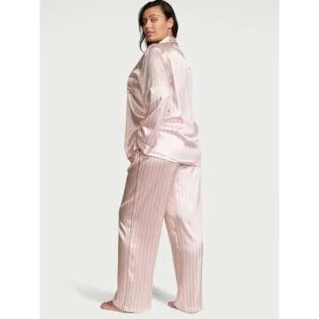 Victoria's Secret Satin Pajama Set, Long Sleeve Button Down & Pant Set, Sleepwear for Women, Pink Iconic Stripe (L)