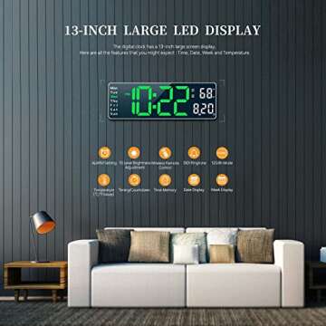 Digital Clock, Digital Wall Clock for Living Room Decor, Desk Alarm Clock for Bedroom, Large Wall Cl...