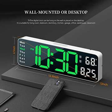 Digital Clock, Digital Wall Clock for Living Room Decor, Desk Alarm Clock for Bedroom, Large Wall Clock with Remote Control, Automatic Brightness Dimmer LED Clock with Date Temperature Week (Green-W)