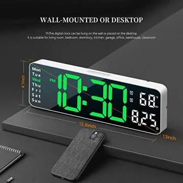 Digital Clock, Digital Wall Clock for Living Room Decor, Desk Alarm Clock for Bedroom, Large Wall Clock with Remote Control, Automatic Brightness Dimmer LED Clock with Date Temperature Week (Green-W)