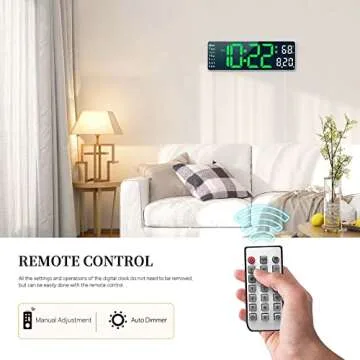 Digital Clock, Digital Wall Clock for Living Room Decor, Desk Alarm Clock for Bedroom, Large Wall Clock with Remote Control, Automatic Brightness Dimmer LED Clock with Date Temperature Week (Green-W)