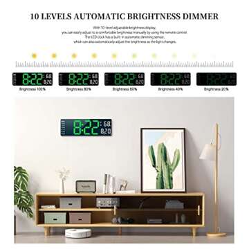 Digital Clock, Digital Wall Clock for Living Room Decor, Desk Alarm Clock for Bedroom, Large Wall Clock with Remote Control, Automatic Brightness Dimmer LED Clock with Date Temperature Week (Green-W)