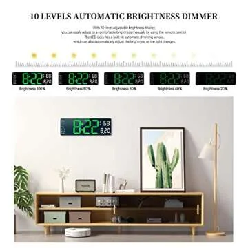 Digital Clock, Digital Wall Clock for Living Room Decor, Desk Alarm Clock for Bedroom, Large Wall Clock with Remote Control, Automatic Brightness Dimmer LED Clock with Date Temperature Week (Green-W)