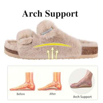 KIDMI Fuzzy Slippers Women with Cork Footbed Fluffy Slides Open Toe Indoor House Shoes | Arch Support | Adjustable Buckles, Camel 7-7.5