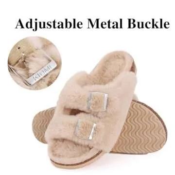 KIDMI Fuzzy Slippers Women with Cork Footbed Fluffy Slides Open Toe Indoor House Shoes | Arch Support | Adjustable Buckles, Camel 7-7.5
