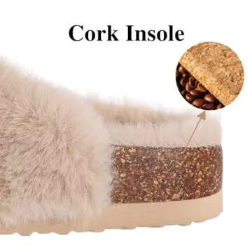 KIDMI Fuzzy Slippers Women with Cork Footbed Fluffy Slides Open Toe Indoor House Shoes | Arch Support | Adjustable Buckles, Camel 7-7.5