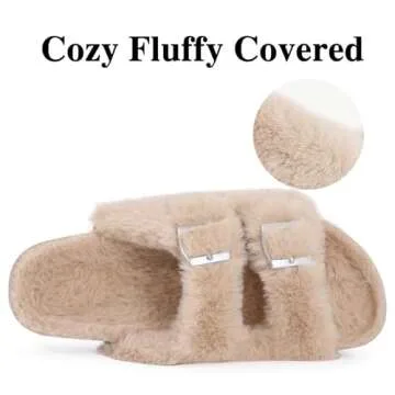 KIDMI Fuzzy Slippers Women with Cork Footbed Fluffy Slides Open Toe Indoor House Shoes | Arch Support | Adjustable Buckles, Camel 7-7.5