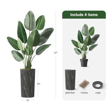 Artificial Tree in Modern Granite Effect Planter, Fake Bird of Paradise Silk Tree for Indoor and Outdoor Home Decoration - 67" Overall Tall (Plant Pot Plus Tree)
