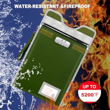 BALAPERI Document Safe Bag with Lock (5200℉), 15”x 11”Travel Document Holder, Fireproof Zipper Pouch for A4/A5/Legal/Letter Size Document, Tablet, Valuables, Money and Passport(Olive Drab)