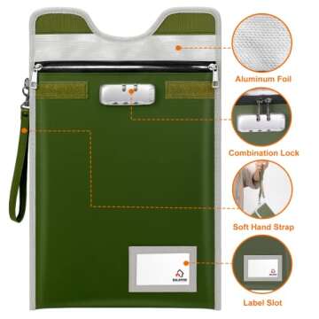 BALAPERI Document Safe Bag with Lock (5200℉), 15”x 11”Travel Document Holder, Fireproof Zipper Pouch for A4/A5/Legal/Letter Size Document, Tablet, Valuables, Money and Passport(Olive Drab)