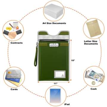 BALAPERI Document Safe Bag with Lock (5200℉), 15”x 11”Travel Document Holder, Fireproof Zipper Pouch for A4/A5/Legal/Letter Size Document, Tablet, Valuables, Money and Passport(Olive Drab)