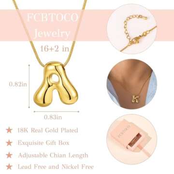 FCBTOCO Gold Necklace for Women，Bubble Letter Necklace Gold, Gold Balloon Initial Letter Necklace,18K Gold Plated Dainty Personalized Puffy Name Necklaces（gold A）