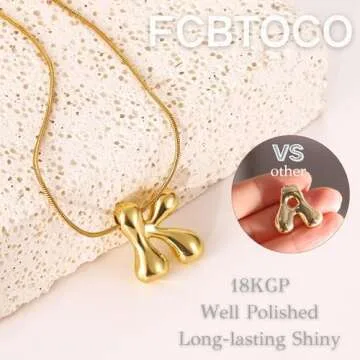 FCBTOCO Gold Necklace for Women，Bubble Letter Necklace Gold, Gold Balloon Initial Letter Necklace,18K Gold Plated Dainty Personalized Puffy Name Necklaces（gold A）