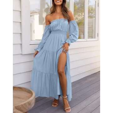 ZESICA Women's 2024 Boho Sexy Off Shoulder Long Sleeve Smocked High Waist Side Split Flowy A Line Tiered Long Maxi Dress,LightBlue,Small