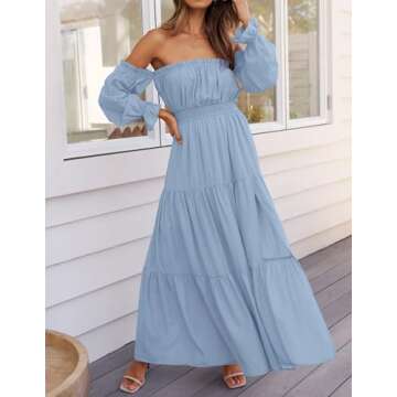 ZESICA Women's 2024 Boho Sexy Off Shoulder Long Sleeve Smocked High Waist Side Split Flowy A Line Tiered Long Maxi Dress,LightBlue,Small