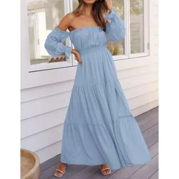 ZESICA Women's 2024 Boho Sexy Off Shoulder Long Sleeve Smocked High Waist Side Split Flowy A Line Tiered Long Maxi Dress,LightBlue,Small