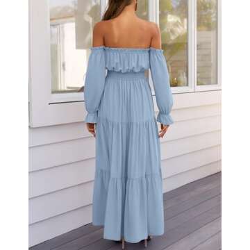 ZESICA Women's 2024 Boho Sexy Off Shoulder Long Sleeve Smocked High Waist Side Split Flowy A Line Tiered Long Maxi Dress,LightBlue,Small