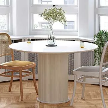 MIXL - HPL Fireproofing Board Round Dining Table, Simplicity White Dining Room Furniture, Nordic Creative Round Kitchen Table with Solid Wood Base(39.37" W)
