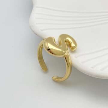 Bubble Initial Ring For Women ，Dainty Balloon Letter Rings 14k Gold Plated Open Adjustable Unique ...