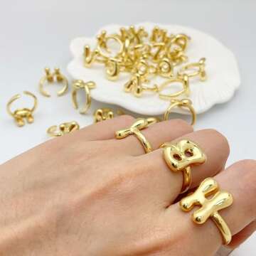 Bubble Initial Ring For Women ，Dainty Balloon Letter Rings 14k Gold Plated Open Adjustable Unique Gift Jewelry (Gold letter S)