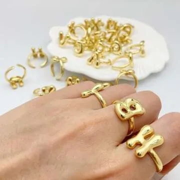 Bubble Initial Ring For Women ，Dainty Balloon Letter Rings 14k Gold Plated Open Adjustable Unique Gift Jewelry (Gold letter S)