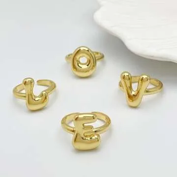 Bubble Initial Ring For Women ，Dainty Balloon Letter Rings 14k Gold Plated Open Adjustable Unique Gift Jewelry (Gold letter S)