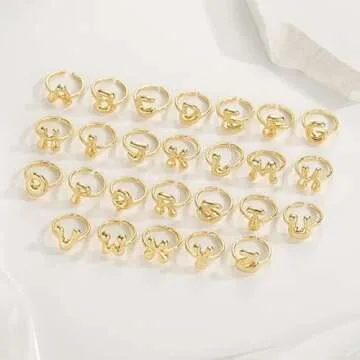Bubble Initial Ring For Women ，Dainty Balloon Letter Rings 14k Gold Plated Open Adjustable Unique Gift Jewelry (Gold letter S)