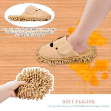 Frjjthchy Cartoon Dog Mop Slippers Microfiber Clean Dusting Slippers Detachable Mopping Shoes for Office Home Room (Khaki)