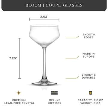 JoyJolt Crystal Cocktail Glasses - Coupe Glasses Made in Europe, 9.2oz Martini Glasses, Set of 2 Martini Glass for Cocktails, Summer Drinks, Champagne - coupe cocktail glass set