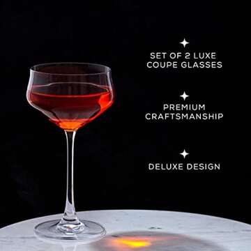 JoyJolt Crystal Cocktail Glasses - Coupe Glasses Made in Europe, 9.2oz Martini Glasses, Set of 2 Martini Glass for Cocktails, Summer Drinks, Champagne - coupe cocktail glass set