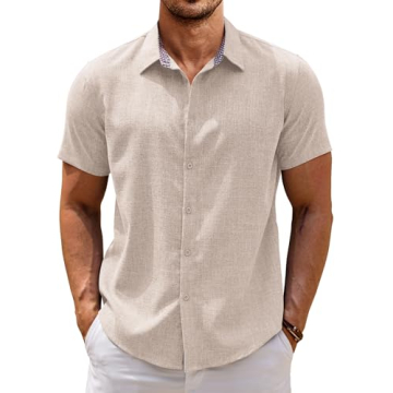 COOFANDY Mens Short Sleeve Linen Shirt - Casual Plaid Collar Beach Shirt in Khaki