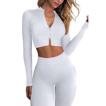 QINSEN Workout Sets for Women 2 Piece Outfits Seamless High Waist Leggings Long Sleeve Crop Tops Active Gym Clothes White L