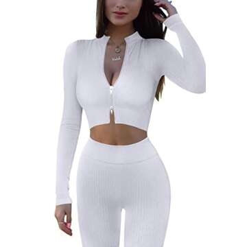 QINSEN Workout Sets for Women 2 Piece Outfits Seamless High Waist Leggings Long Sleeve Crop Tops Active Gym Clothes White L