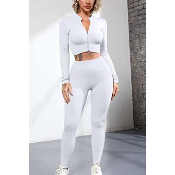 QINSEN Workout Sets for Women 2 Piece Outfits Seamless High Waist Leggings Long Sleeve Crop Tops Active Gym Clothes White L